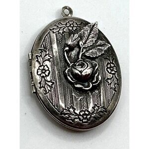 Miss Ellie Victorian Inspired Oval Locket Pendant Rose Floral Silver Tone